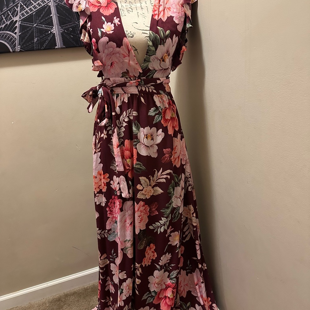 MAJORELLE Pink and Red Plunge Maxi Dress